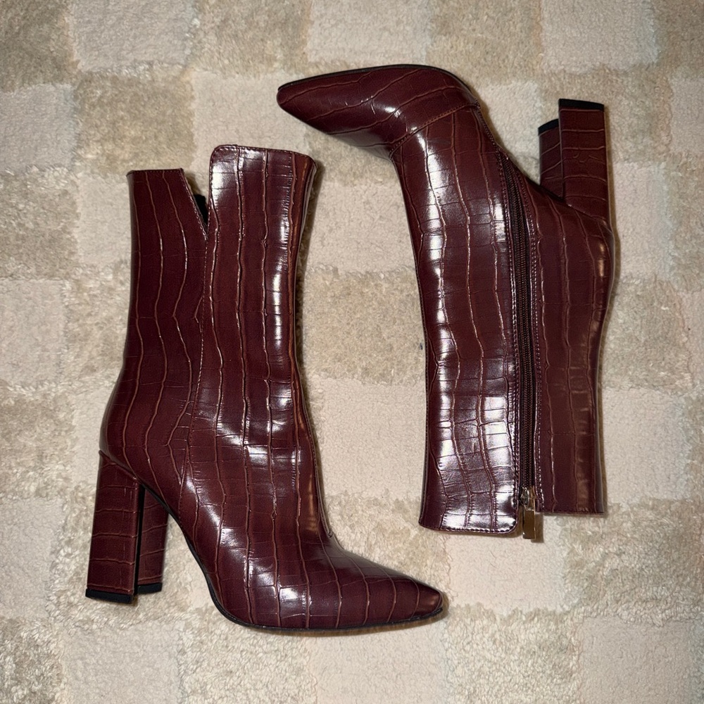 Nasty Gal Maroon Croc-Embossed Ankle Boots